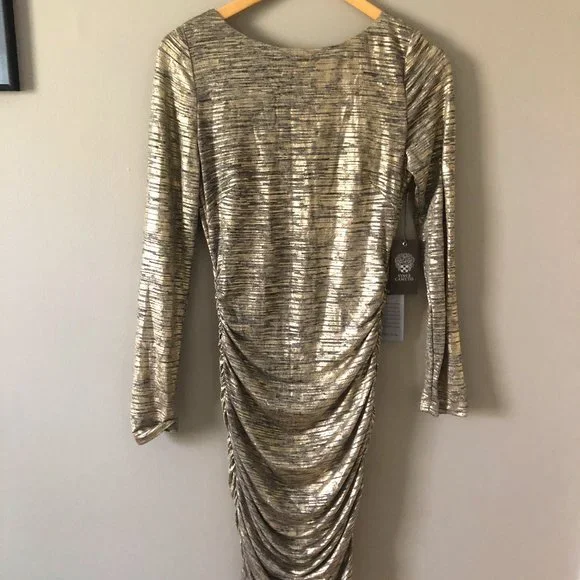 vince camuto gold dress Vince Camuto Gold Metallic Long Sleeve Side Ruching Boatneck Bodycon Dress SZ 4